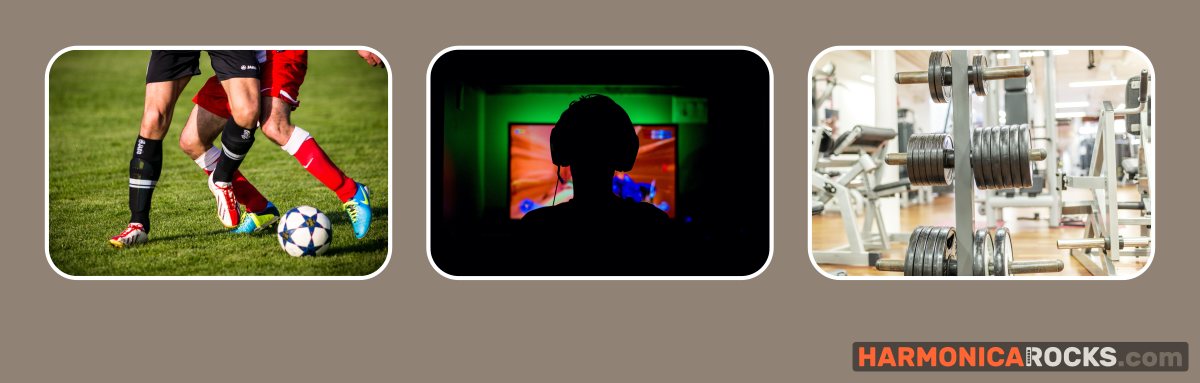 3 bilder fussballspieler person vor pc dunkler raum fitnessstudio gewichte