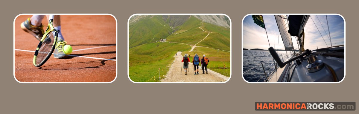 3 bilder tennisplatz füße tennisschläger und ball berge personen wandern segelschiff nahaufnahme