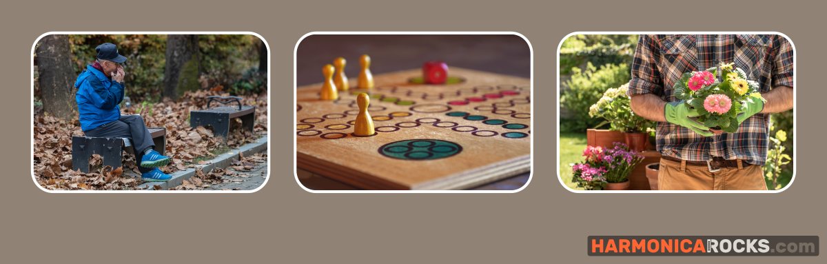 3 bilder senior spielt mundharmonika in natur brettspiel nahaufnahme senior im garten mit blume