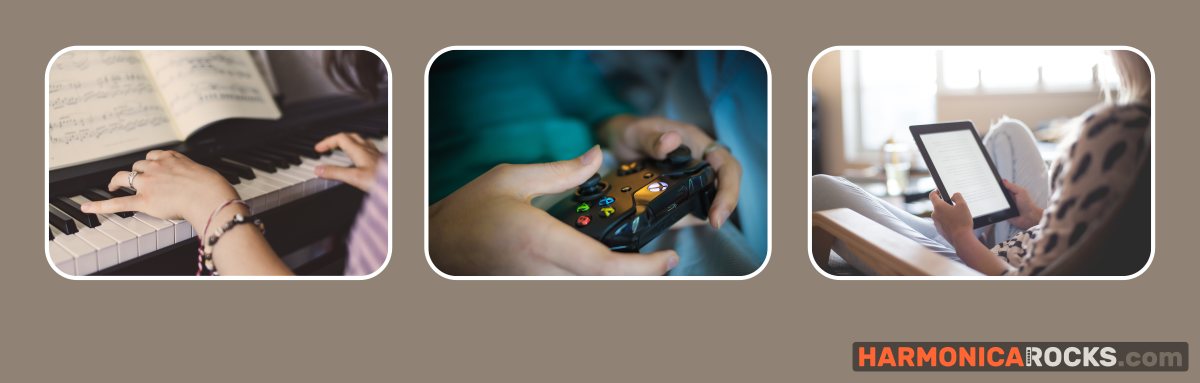 3 bilder hände auf klavier spielekonsole in hand tablet frau wohnzimmer