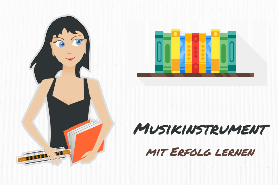 musikinstrument mit erfolg lernen frau mit heft mundharmonika in hand buecherregal