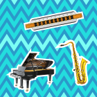 Verschiedene Musikinstrumente: Mundharmonika, Klavier/Piano, Saxophon