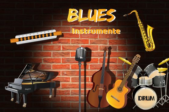 typische blues instrumente: mundharmonika blues harp, gitarren, schlagzeug