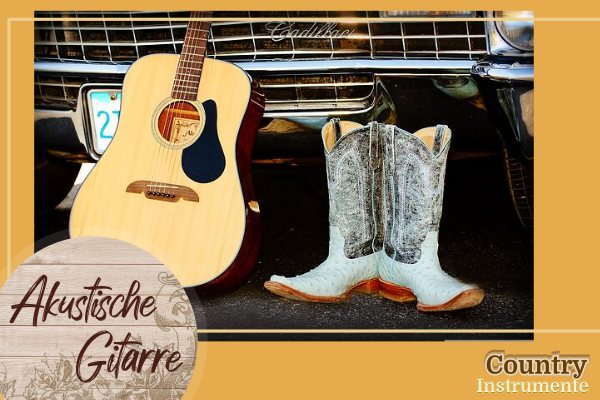 akustische gitarre neben cowboy boots vor cadillac kuehlergrill