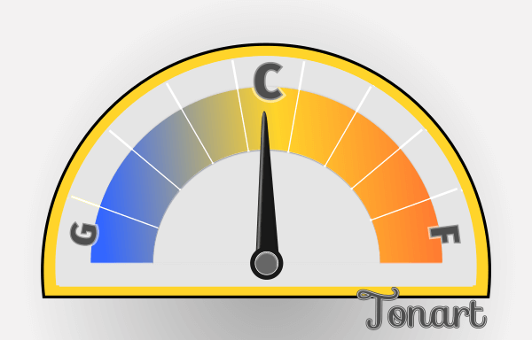 Barometer mit links Tonart G für tief, mittig Tonart C mit Pfeil, rechts Tonart F