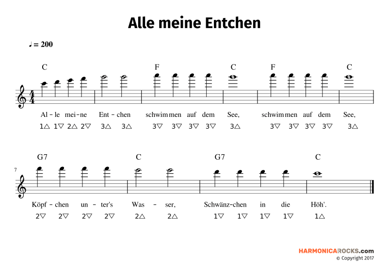 Notenschrift Alle meine Entchen Mini-Harp Mundharmonika